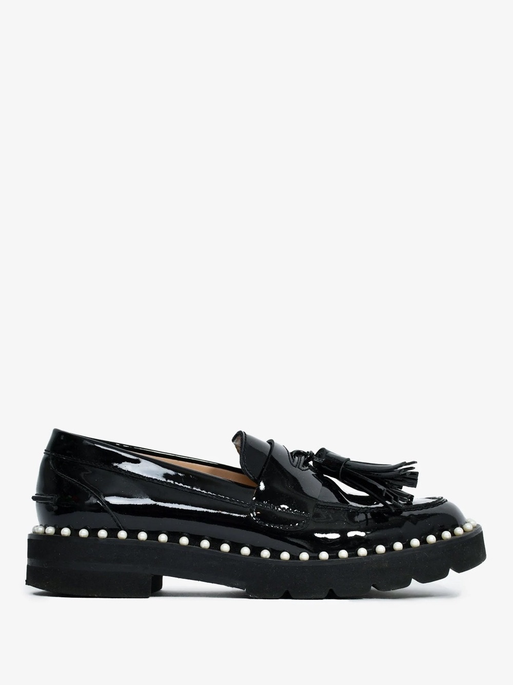 STUART WEITZMAN Kaylene Pearl Black Patent Loafers